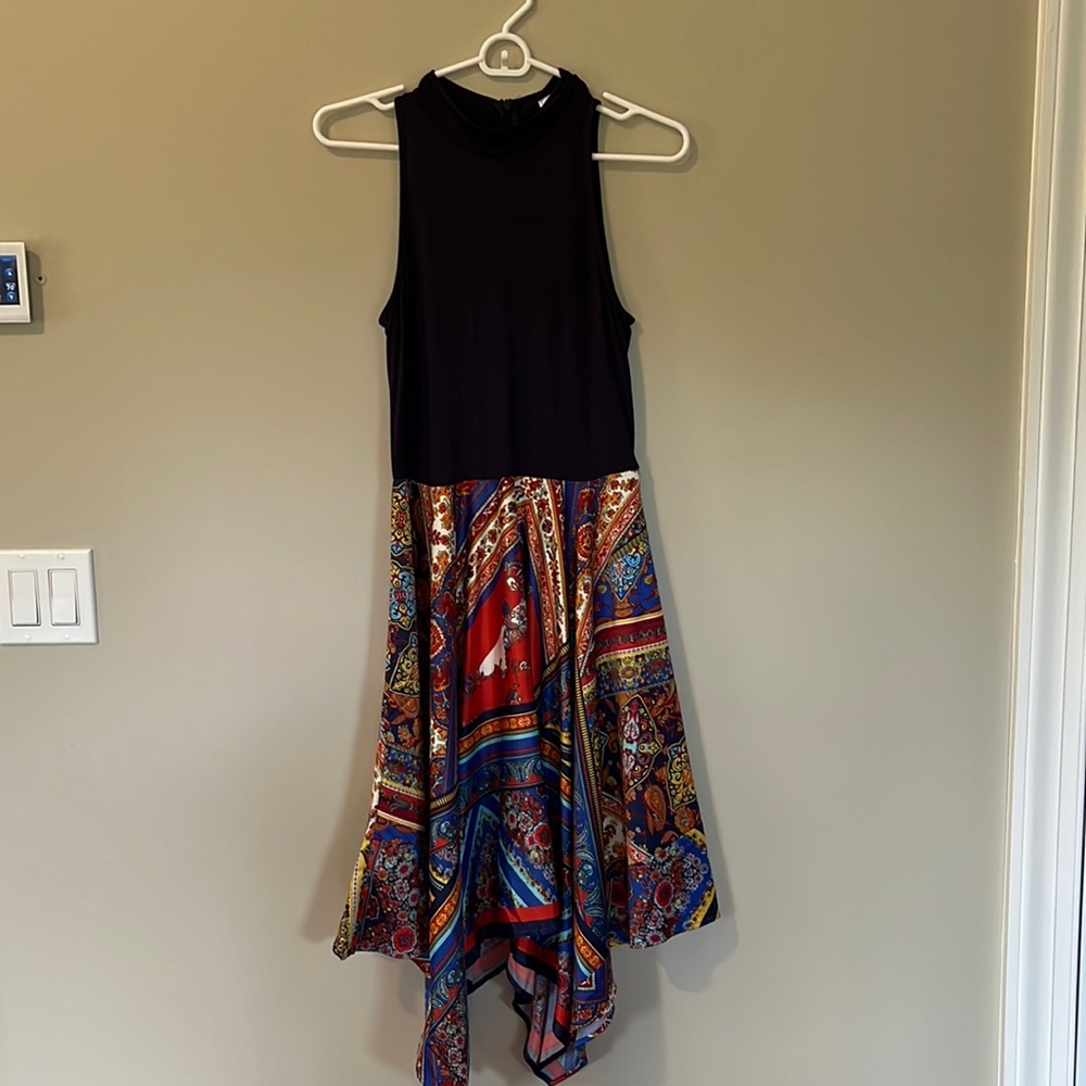 Navy multi-colored handkerchief dress. Never worn. Size small.